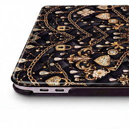 Jeweled Chains MacBook Case — Black Quilted Gold Lock & Diamond Charms