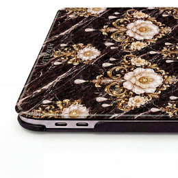 Baroque Gold Floral MacBook Case — Black Marble Pearl Ornament