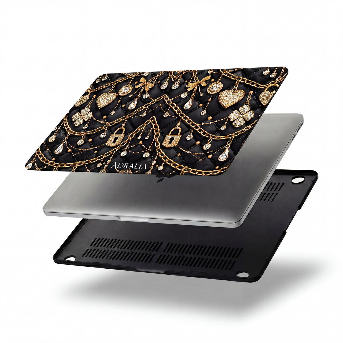 Jeweled Chains MacBook Case — Black Quilted Gold Lock & Diamond Charms