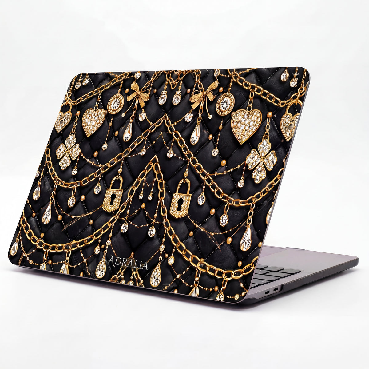 Jeweled Chains MacBook Case — Black Quilted Gold Lock & Diamond Charms