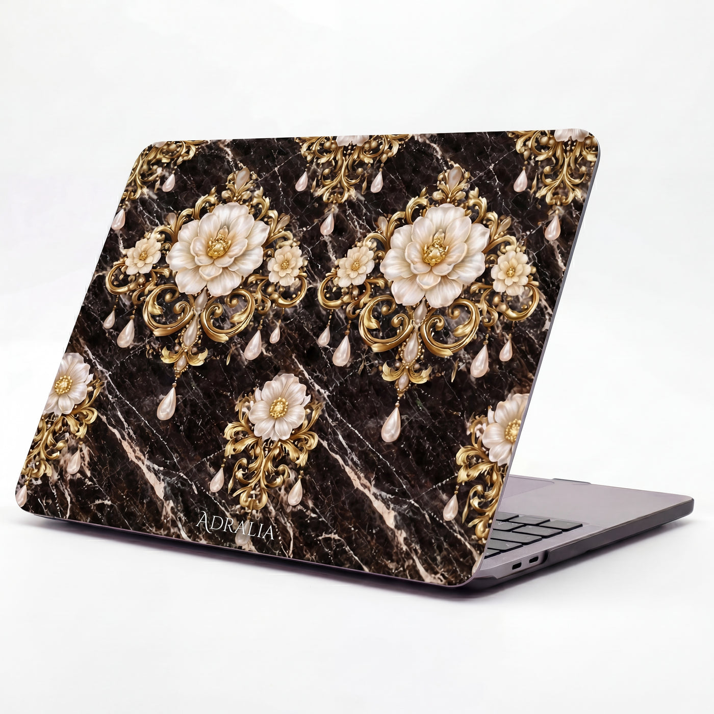 Baroque Gold Floral MacBook Case — Black Marble Pearl Ornament