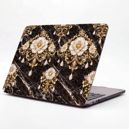 Baroque Gold Floral MacBook Case — Black Marble Pearl Ornament
