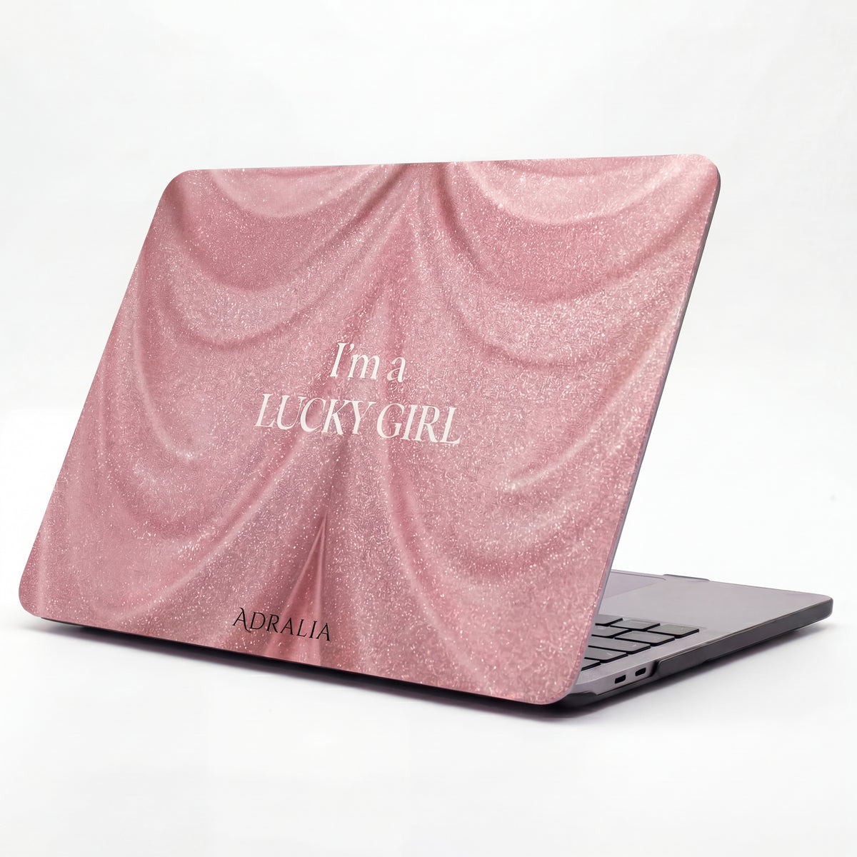 Pink Glitter 'I'm a Lucky Girl' MacBook Case — Feminine Sparkle Laptop Cover