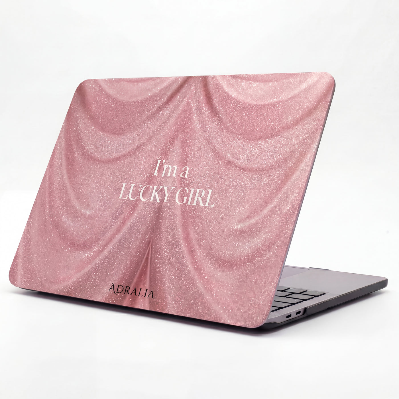 Pink Glitter 'I'm a Lucky Girl' MacBook Case — Feminine Sparkle Laptop Cover