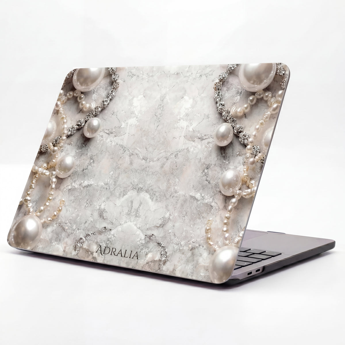 Pearl Elegance MacBook Case — Marble Texture Laptop Sleeve with Pearl Chain Accent