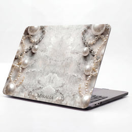 Pearl Elegance MacBook Case — Marble Texture Laptop Sleeve with Pearl Chain Accent