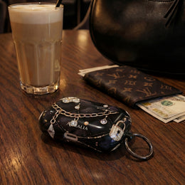Lux Quilted Black AirPod Case — Gold Chain & Diamond Lock Design
