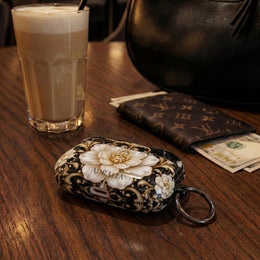 Floral Baroque AirPod Case — Black Marble Gold Flower Protective Cover